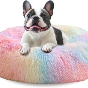 JOLLYVOGUE Large Calming Dog Bed, Anti-Anxiety Donut Cuddler Cat Bed with Anti-Slip Bottom, Fluffy Faux Fur Machine Washable Pet Cushion for Medium Large Dog & Cat, 36"/Rainbow