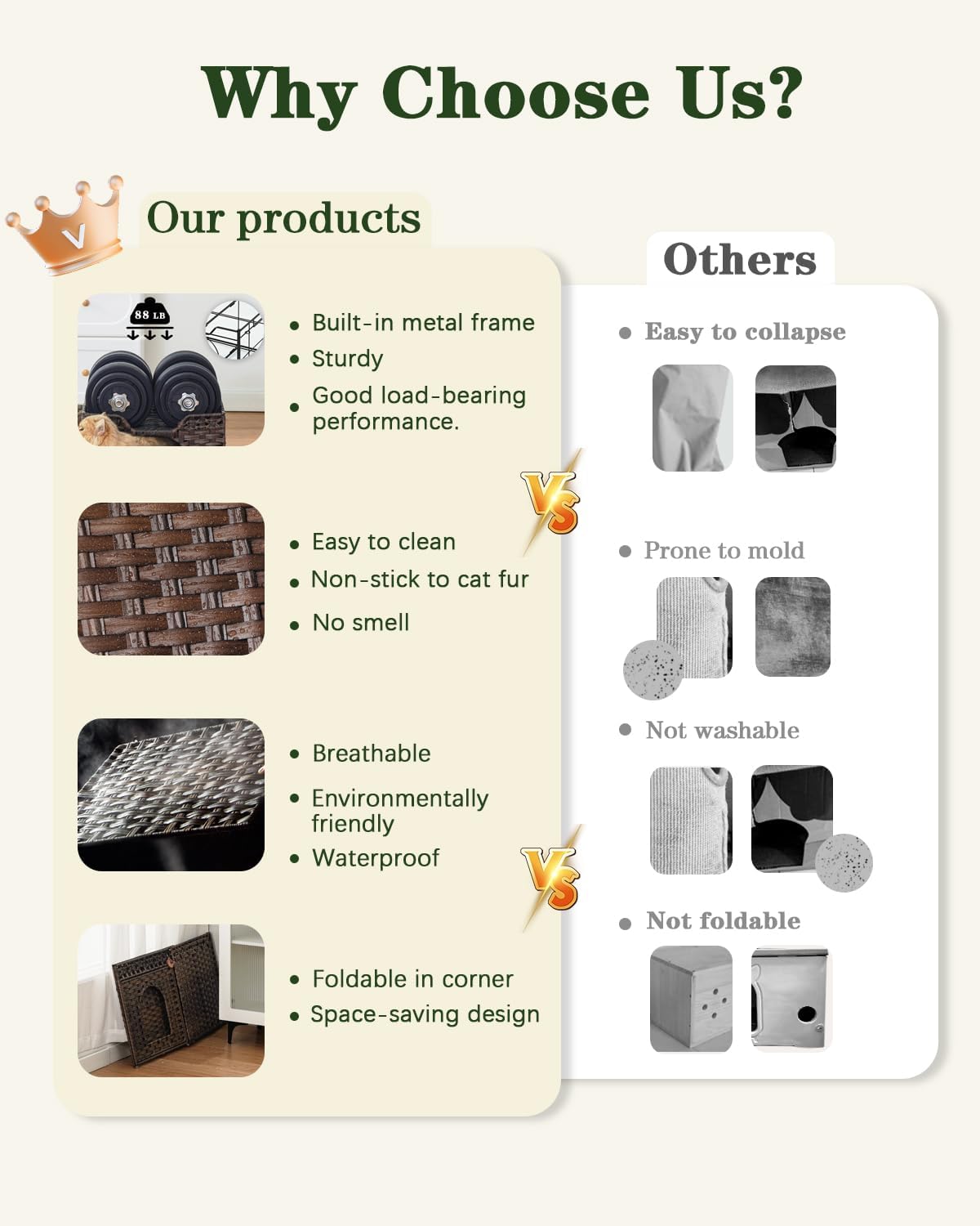 Cat Beds Indoor Kitten House, Handwoven Rattan Cat Cave Pet Cube, Large Cat Houses, One Bed Mat, Foldable, Hideaway, 16.5x16.5x13.2 Inches, 2 S-Shaped Hooks in Living Room Bedroom Brown - Image 4