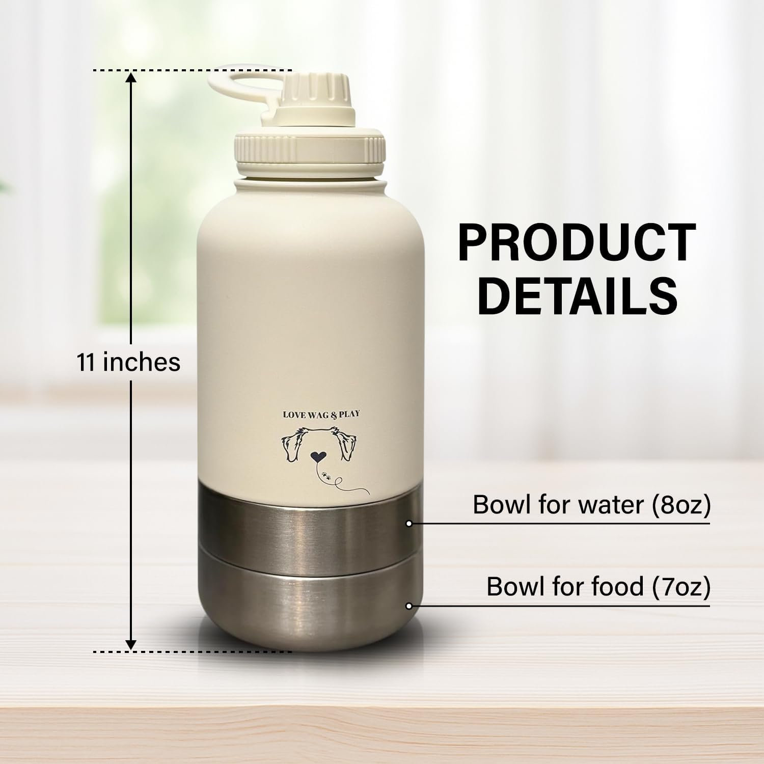 Love Wag & Play Dog Water Bottle Portable – 2 in 1 Stainless Steel Bowl for Food, Water – Leakproof Portable Water Bowl for Dog with Carry Loop – Detachable Design – Ideal for Kibble, Treats – Beige - Image 2