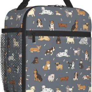 Cute Dogs Lunch Bag Puppy Pets Grey Background Lunch Box Insulated Meal Bag Food Container for School Work Picnic Travel