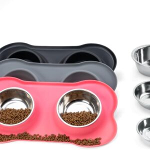 Dog Bowls with Silicone Feeding Mat, No Spill Food Water Dish Set, Dishwasher Safe, 2 Stainless Steel Puppy Bowls, Suitable for Tiny Dogs Kittens Cats Rabbits Pets under 8lbs, Extra Small, Pink
