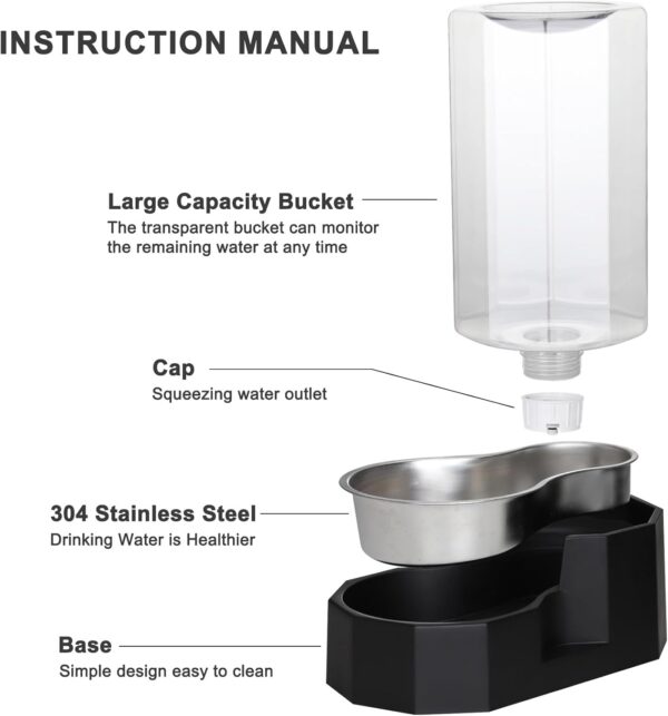 Sfozstra Large Dog Water Dispenser: 8L Automatic Black Water Feeder with Stainless Steel Bowl - Without Filter - Gravity Design for Multiple Pets Indoor/Outdoor - Image 4