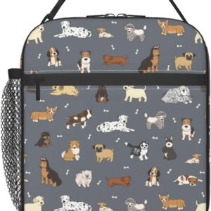 Cute Dogs Lunch Bag Puppy Pets Grey Background Lunch Box Insulated Meal Bag Food Container for School Work Picnic Travel