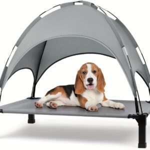 Elevated Dog Bed with Canopy - Portable Outdoor Cooling Cot for Dogs & Cats, Removable Shade Tent, 42" x 30" x 8", Gray, Perfect for Camping & Relaxing