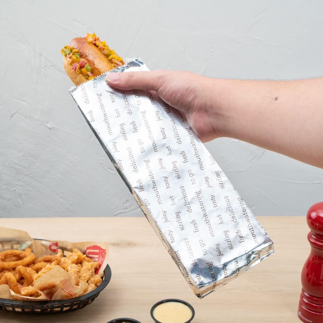 Restaurantware Bag Tek 3.7 x 1.2 x 12 Inch Hot Dog Bags 100 Large Hot Dog Wrappers - Greaseproof Freezer-Safe Printed Foil Hot Dog Cart Accessories Heat-Resistant Non-Vented - Image 6