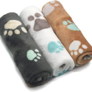 1 Pack 3 Puppy Blankets Super Soft Warm Sleep Mat Cute PAW Print Blanket Fleece Pet Blanket Flannel Throw Dog Blankets for Small Dogs Puppy Cats,Gray/White/Brown-Small(23"x15")