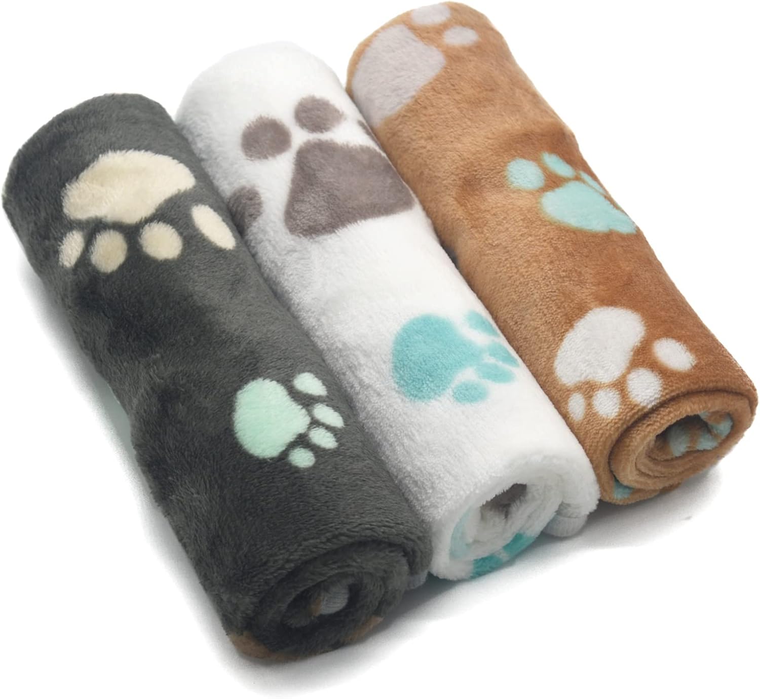 1 Pack 3 Puppy Blankets Super Soft Warm Sleep Mat Cute PAW Print Blanket Fleece Pet Blanket Flannel Throw Dog Blankets for Small Dogs Puppy Cats,Gray/White/Brown-Small(23"x15")