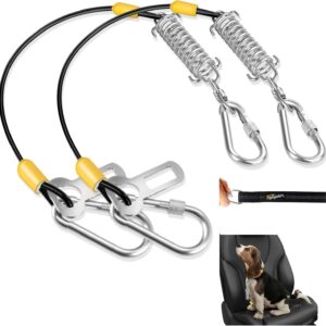 Dog Seat Belt Harness for Car, 5-in-1 Coated Wire Dog Seatbelt, HYLIYAKI Shock Spring-Loaded No Chew Pet Dog Car Seatbelt Leash, with Removable Reflective Short Leash(2 Pack Black, 24 inch/60 CM)