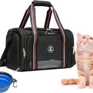 CAGA Soft-Sided Pet Carrier – Ventilated Foldable & Collapsible Under Seat Travel Kennel with Pockets for Small to Medium Dogs & Cats up to 15 lbs (Black)