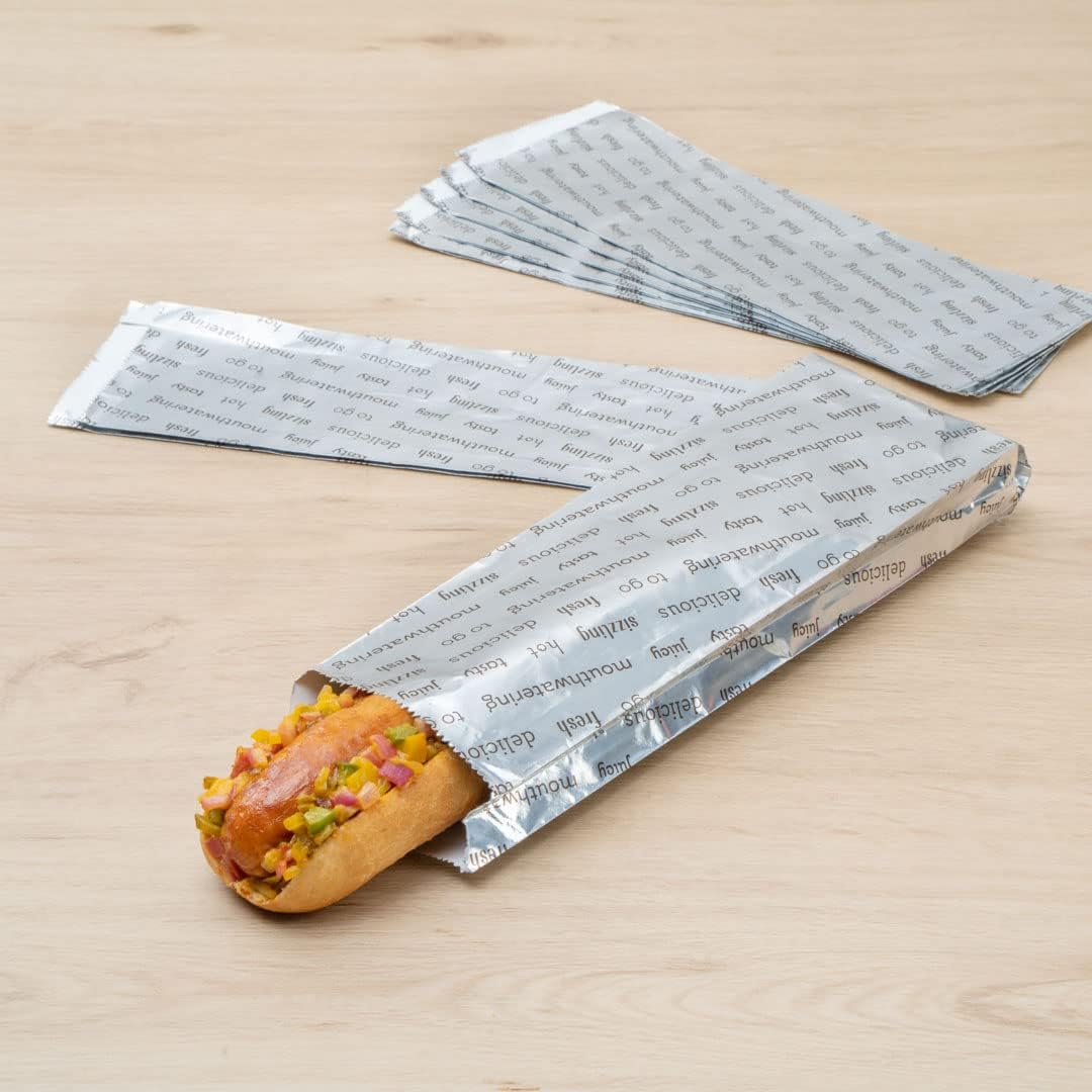 Restaurantware Bag Tek 3.7 x 1.2 x 12 Inch Hot Dog Bags 100 Large Hot Dog Wrappers - Greaseproof Freezer-Safe Printed Foil Hot Dog Cart Accessories Heat-Resistant Non-Vented - Image 5