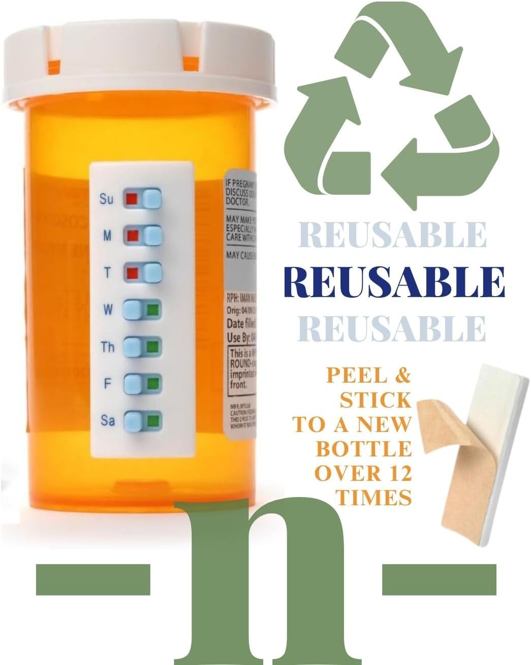 Take‑n‑Slide Peel and Stick Reusable for 12 + Refills, Pill/Medication/Vitamin/Pet Med Tracker & Reminder, Attach to Your Bottle, Organizer-Free, Curved‑Back (White, 5-Pack) - Image 4