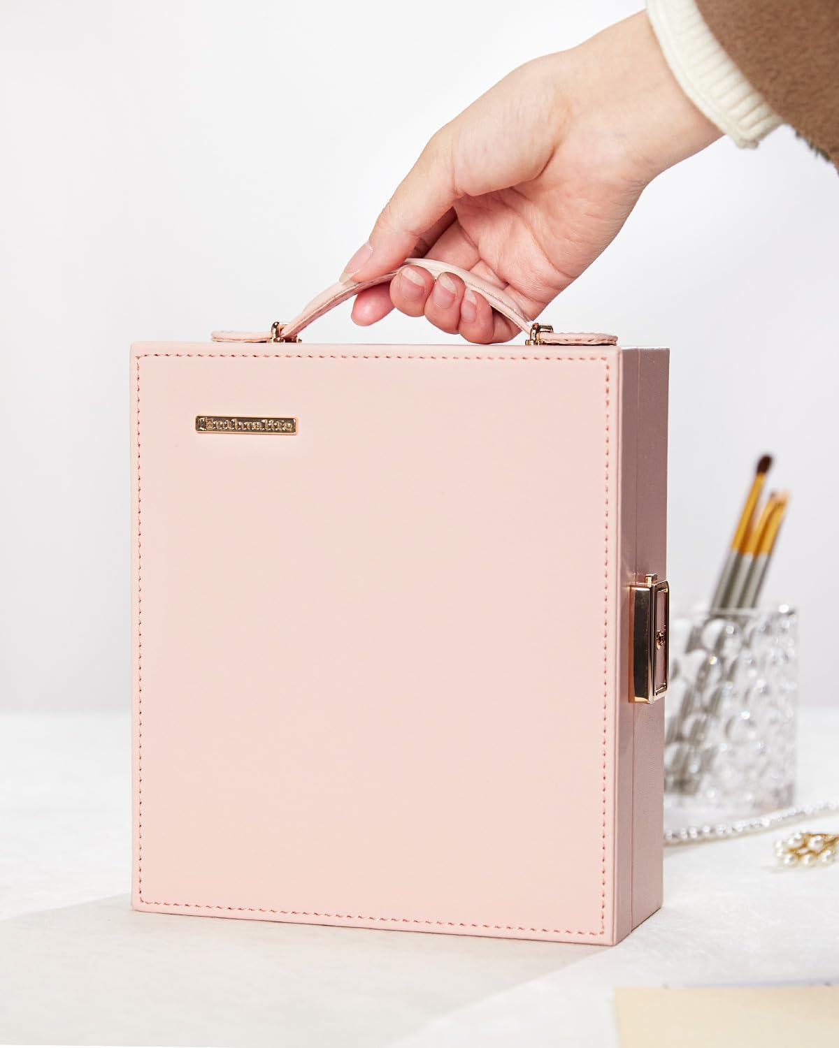 Travel Jewelry Case, Essentials for vacation, Portable Bangle Box with Mirror, PU Leather Small Watch Organizer for Rings, Earrings, Necklaces, Bracelets (Light Pink) - Image 9