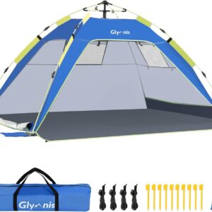 Glymnis Pop Up Beach Tent Sun Shade Shelter for 3-4 Person with UPF 50+, Lightweight & Easy Setup, Vent Windows & Zippered Door, Extended Floor Family Instant Beach Tent
