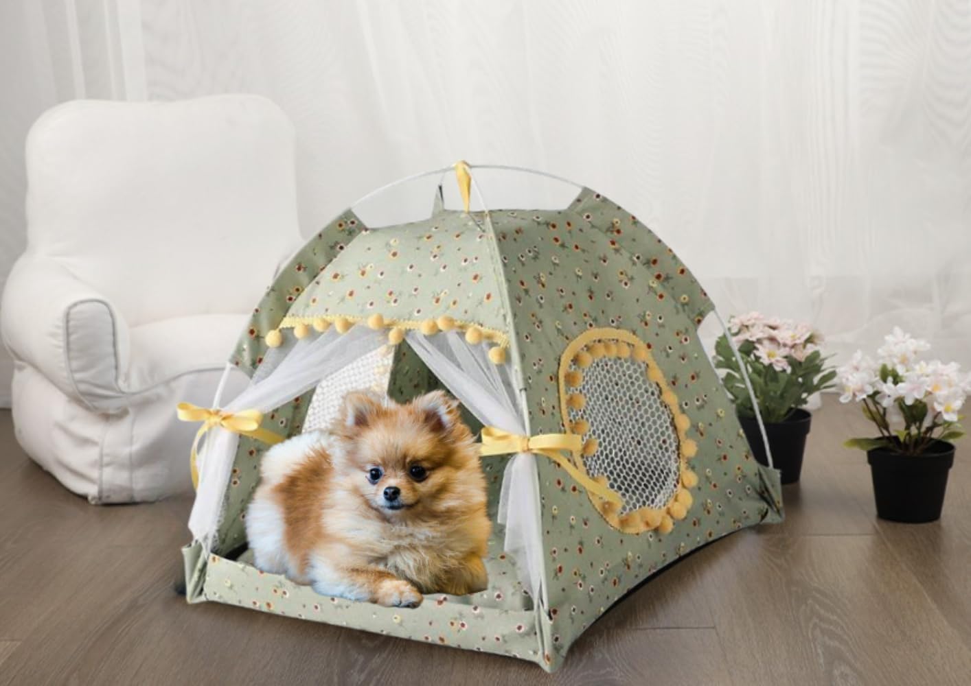 Cat Bed Tents Dog House Indoor Outdoor Lace Mesh Breathable Windows Door Curtains Removable Portable Nest Teepe House (Small,Green&Yellow) - Image 2