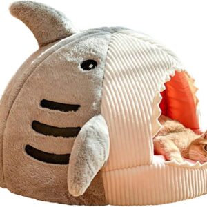 QWINEE Cat Mat Shark-Shaped Kennel Kitten Bed Hideout House Warm Soft Comfortable Semi-Closed Cat Dog Nest Grey Medium