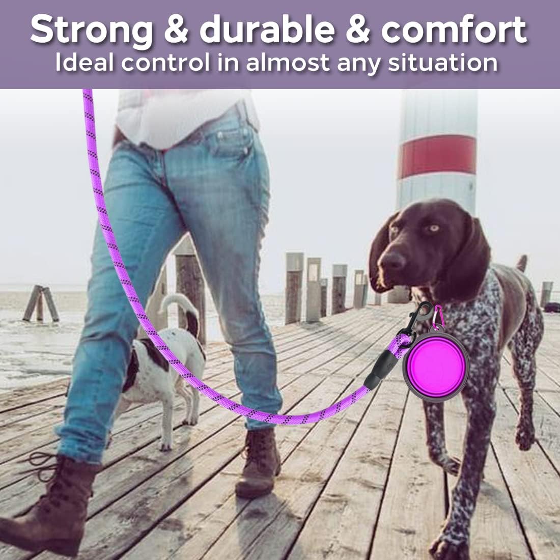 COOYOO 2 Pack Dog Leash 6 FT Heavy Duty - Comfortable Padded Handle - Reflective Dog Leash for Medium Large Dogs with Collapsible Pet Bowl Set 3-Black+Purple - Image 3