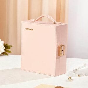 Travel Jewelry Case, Essentials for vacation, Portable Bangle Box with Mirror, PU Leather Small Watch Organizer for Rings, Earrings, Necklaces, Bracelets (Light Pink)