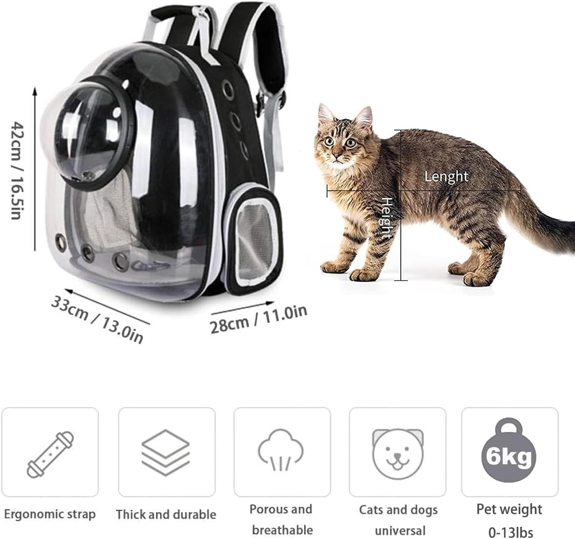 Pet Space Capsule Backpack, Small Medium Cat Puppy Dog Carrier, Transparent Breathable Heat Proof, Pet Carrier for Travel Hiking Walking Camping, Black - Image 2