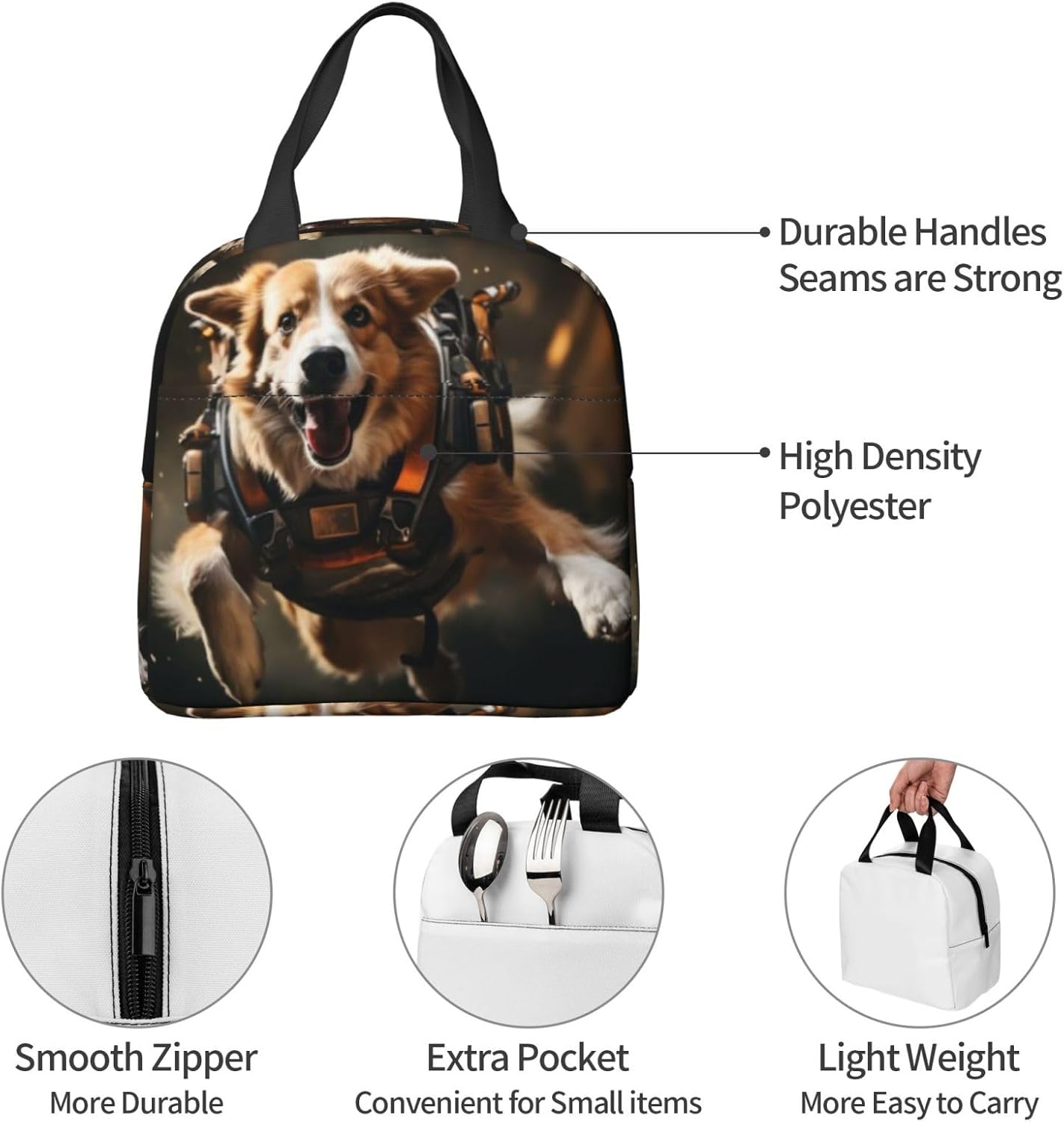 Portable Lunch Bag Insulated Dog Futuristic Gear Space Lunch Box Reusable Tote Bag Unisex for Work, Travel, Picnic, Office, Camping, Hiking, Picnic, Beach - Image 7