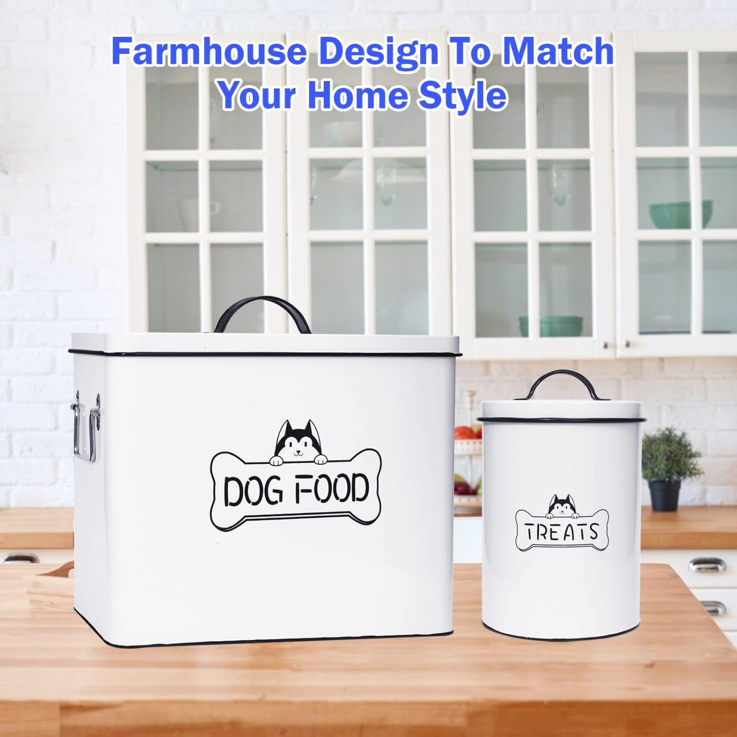 Large Dog Food Storage Container Set - Farmhouse Airtight Dog Treat Container for Kitchen Counter, Dog Food Container with handles and Serving Scoop, Great Gift for Pet Owners - Image 3