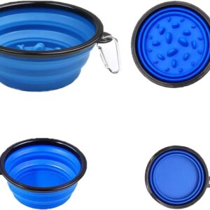 Pet Blue Collapsible Bowl Double Set - Slow Feeder Anti-Choke Bowl + Outdoor Portable,Foldable Dog Drinking,Slow Speed,Food&Dog pet Folding,Convenient,Foldable （Blue）