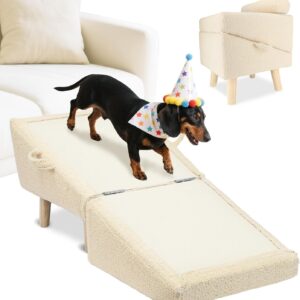 Dog Stairs for Small Dogs and Cats – 2-in-1 Dog Ramp for Bed and Couch, 16.5'' Foldable Wooden Pet Steps, Sturdy Multi-Use Split Ottoman Design, Beige