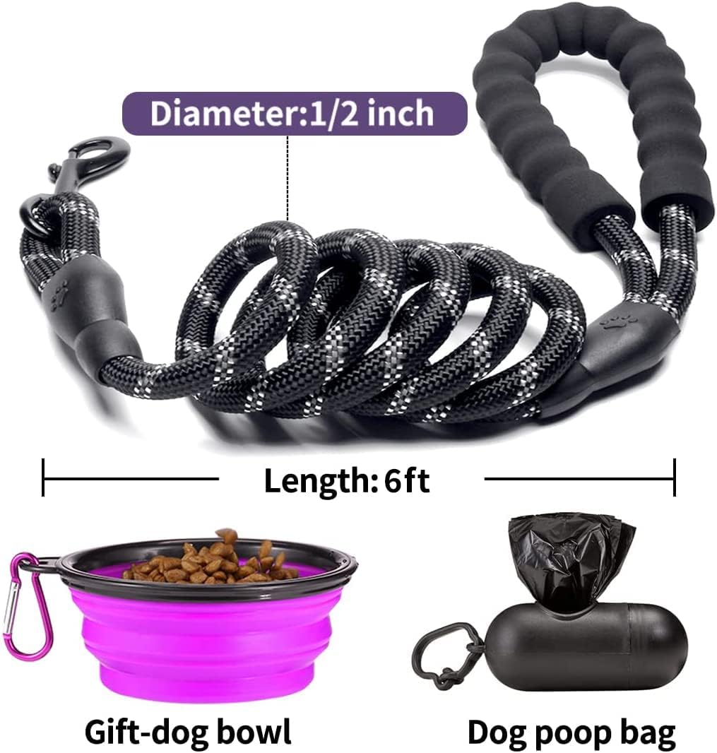 COOYOO 2 Pack Dog Leash 6 FT Heavy Duty - Comfortable Padded Handle - Reflective Dog Leash for Medium Large Dogs with Collapsible Pet Bowl Set 3-Black+Purple - Image 4
