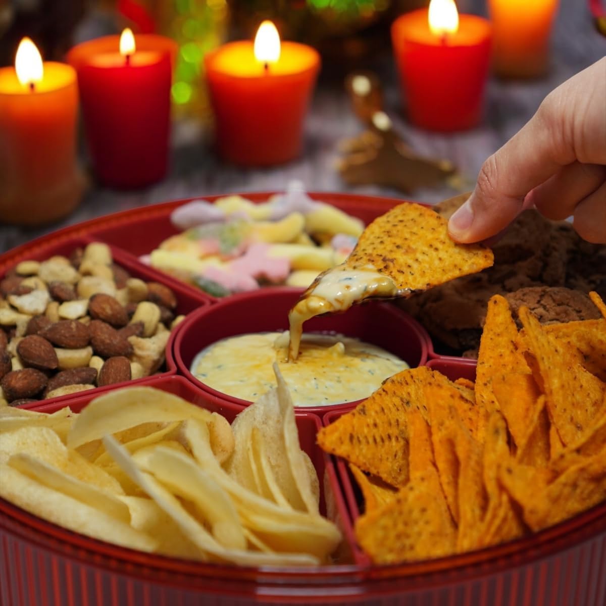 Snackle Box Container, Round Divided Serving Tray with lid 6parts (Red) for Veggie, Candy and Nuts Organizer, Snackle Charcuterie Boxes for Travel, Party and Picnic - Image 5