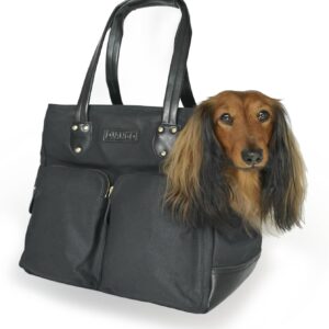 DJANGO Dog Carrier Bag Large - Waxed Canvas and Leather Soft Dog Travel Carrier - Black Travel Tote Bag for Pets with Harness Safety Tether, Secure Zipper Pockets, and Water-Resistant Lining