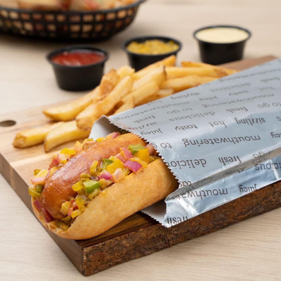 Restaurantware Bag Tek 3.7 x 1.2 x 12 Inch Hot Dog Bags 100 Large Hot Dog Wrappers - Greaseproof Freezer-Safe Printed Foil Hot Dog Cart Accessories Heat-Resistant Non-Vented - Image 3