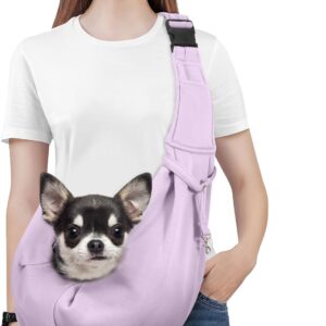 Pawaboo Dog Sling Carrier for Small Dogs, Reversible Hand Free Dog Carrier Sling with Adjustable Strap Buckle & Safety Leash, Soft Pouch and Tote, for Carry Small Dogs & Cats, Up to 12lbs,Light Purple