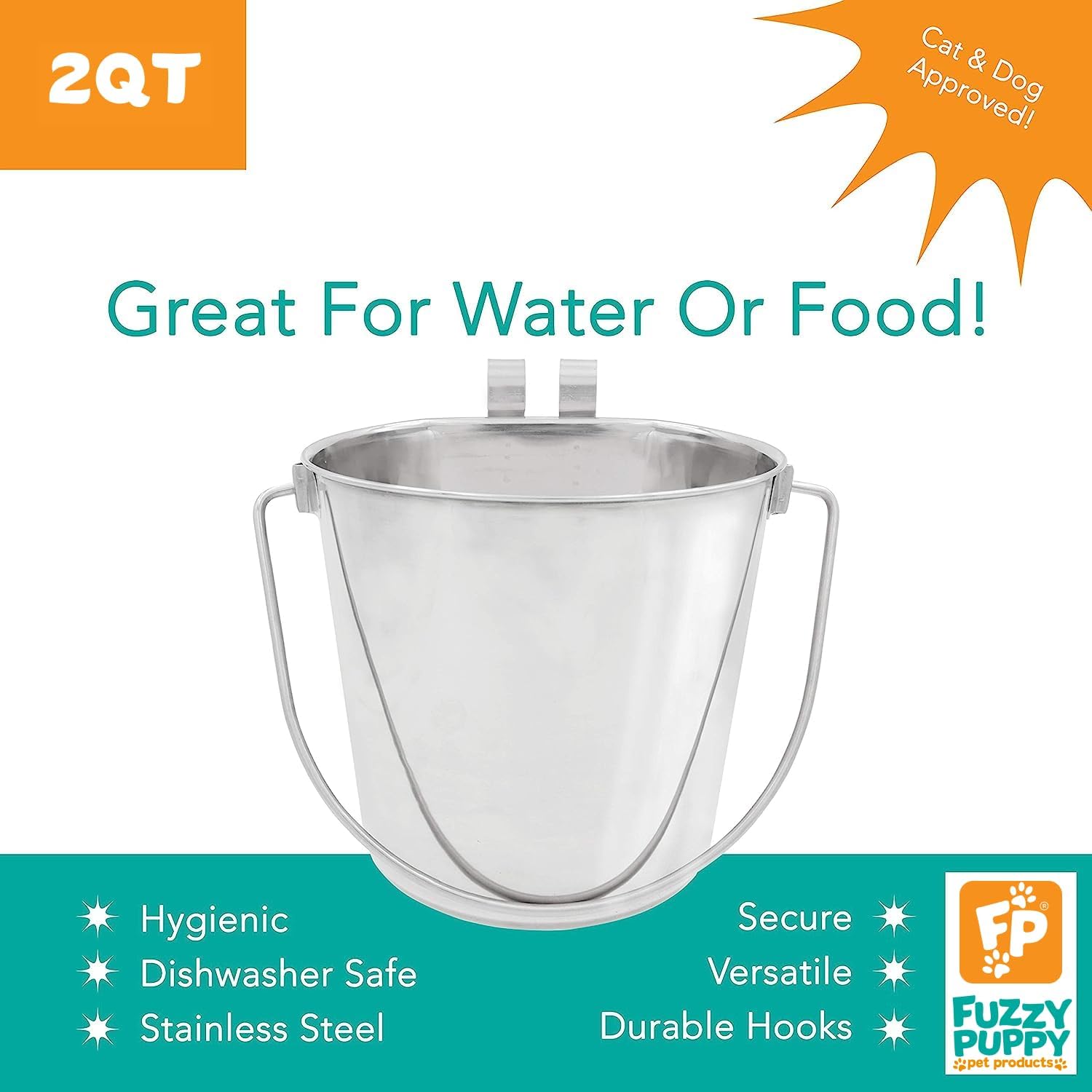 Fuzzy Puppy Flat Sided Pail with Dual Hooks, Snugly Fit On Dog, Cat and Critter Crates & Cages, Heavy Duty Stainless Steel | 2 Quart (PN: FSP-2) - Image 5
