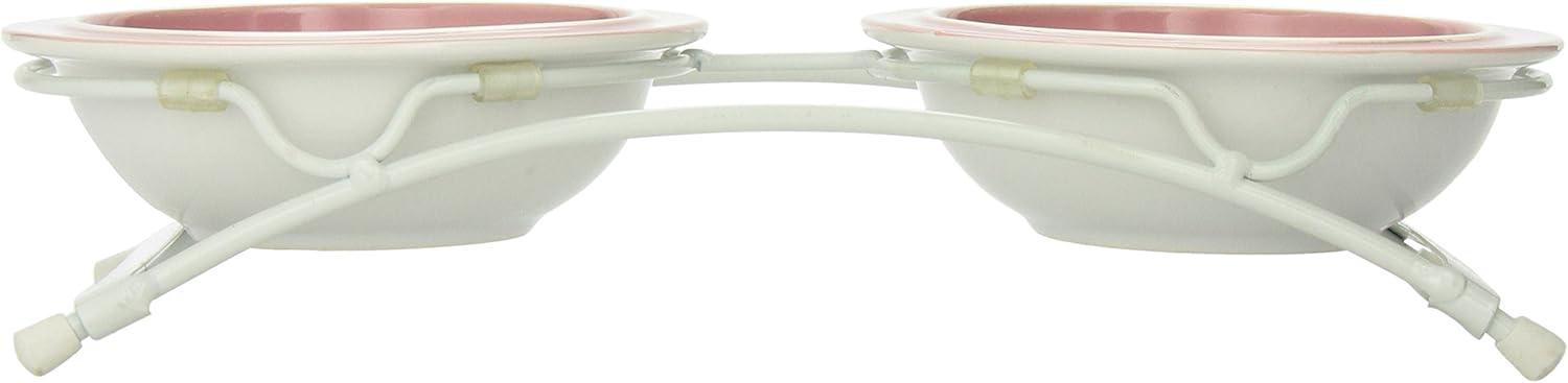 PetRageous 44355 Toftees Paws Diner with Two 1-Cup Dishwasher-Safe Stoneware Bowl Capacity 10.75-Inch Length 2.25-Inch Tall for Extra Small and Small Dogs and Cats, White and Pink - Image 2