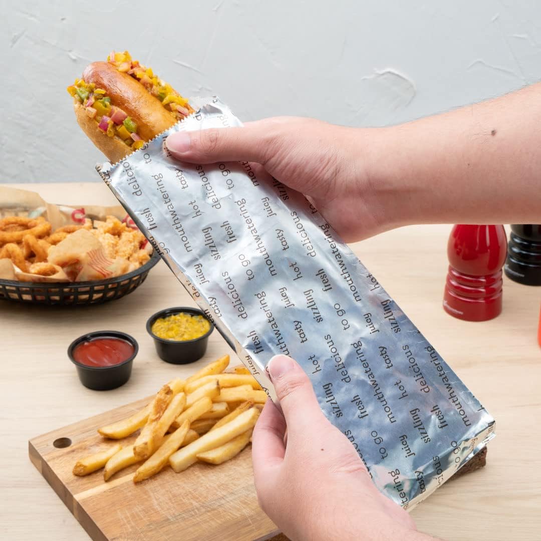 Restaurantware Bag Tek 3.7 x 1.2 x 12 Inch Hot Dog Bags 100 Large Hot Dog Wrappers - Greaseproof Freezer-Safe Printed Foil Hot Dog Cart Accessories Heat-Resistant Non-Vented - Image 7