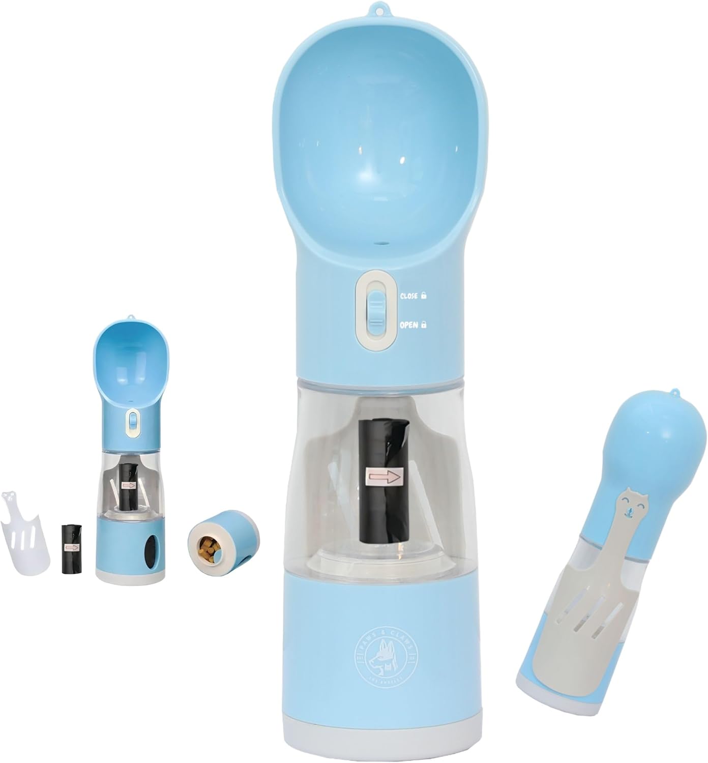 All-in-One Portable Dog Water Bottle, Food Dispenser, Poop Bag Dispenser, Dry/Wet Food Container 7 oz., Travel Water Bottle 9oz., 2 Poop Bags Included, Food Grade Plastic, Leak Proof-Blue Color