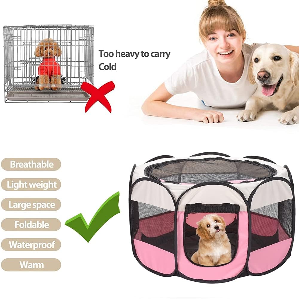 XianghuangTechnologyPet Portable Foldable Playpen, Dog/Cat/Puppy Exercise Pen Kennel, Removable Mesh Shade Cover (Pink) - Image 9