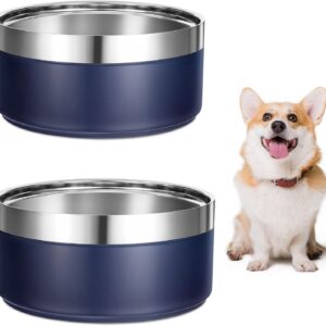2 PCS Stainless Steel Dog Bowl, Metal Travel Cats Dog Food Water Bowl Insulated Spill Proof Pet Dish Non Slip Quiet Rubber Base Bottom No Skid Easy Clean Dishwasher Safe (Blue)