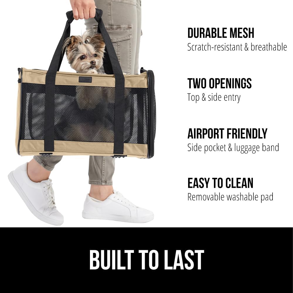 GORILLA GRIP Cat Carrier Travel Bag Up to 15 Lbs, Soft Collapsible Small Dog Carriers, Top and Side Entry Breathable Mesh, Grip Feet on Underside, Cozy Washable Waterproof Pad, Portable Kennel, Beige - Image 2