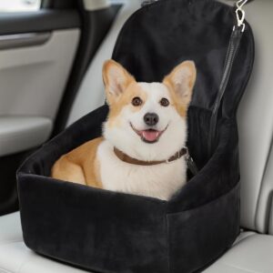 Dog Car Seat for Small Medium Dogs, Pet Booster Seat with Extendable Backrest, Pet Portable Car Seats up to 30 lbs, Washable Travel Bed with Storage Pockets and 2 Safety Leashes, Black
