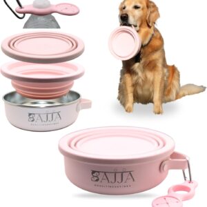 Sajja Stainless Steel Collapsible pet Bowls with Cover| Dog Travel Bowl Set| Dog Walking Water Bowl with Bottle Holder and Silicon Handle| Foldable Bowls for Camping, Hiking| Pet Travel Accessories