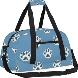 Blue Dog Paw Pattern Gym Travel Duffle Bag for Boys - Gymnastics Sports Dance Bag with Front Zipper Pocket for School Practice or Overnight Travel Weekender Sleepover Tote Bag Dog Print
