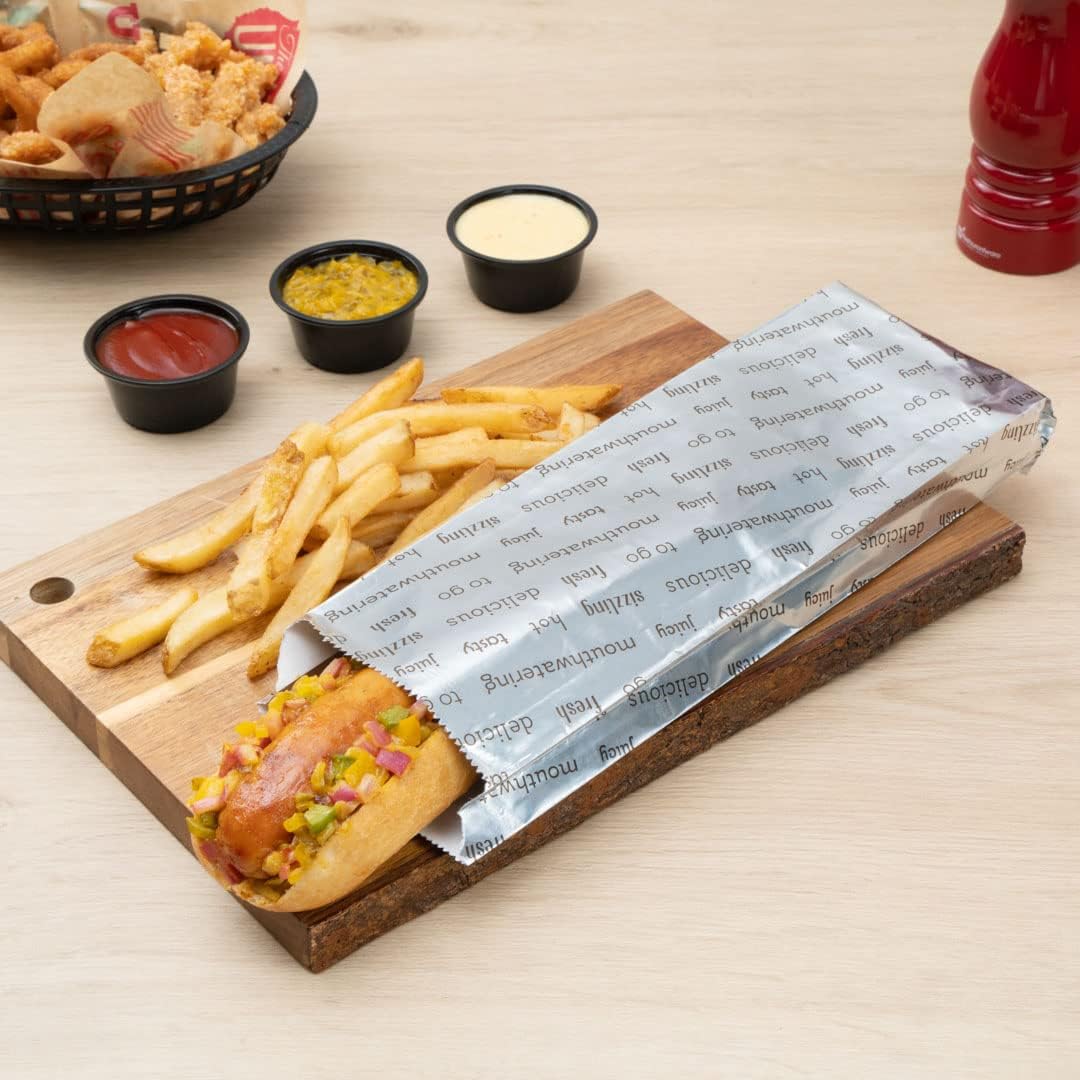 Restaurantware Bag Tek 3.7 x 1.2 x 12 Inch Hot Dog Bags 100 Large Hot Dog Wrappers - Greaseproof Freezer-Safe Printed Foil Hot Dog Cart Accessories Heat-Resistant Non-Vented - Image 10