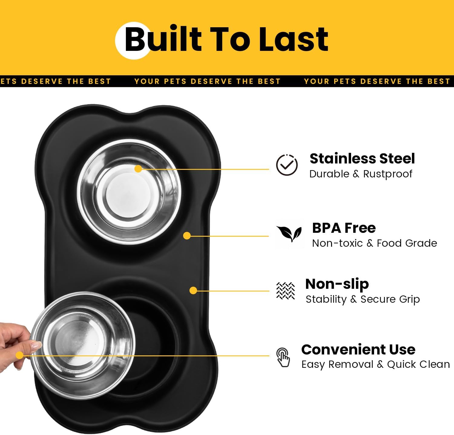 Dog Bowls with Silicone Feeding Mat, No Spill Food Water Dish Set, Dishwasher Safe, 2 Stainless Steel Puppy Bowls,Suitable for Tiny Dogs Kittens Cats Rabbits Pets under 8lbs, Extra Small, Black - Image 3