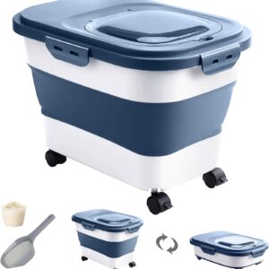 20-30 Lbs Rice Storage Container,Collapsible Food Storage Containers with Rolling Wheel Airtight Locking Lid,Flour Storage Container with Cup and Scoop,Suitable for Food,Rice,Pet Food,Flour