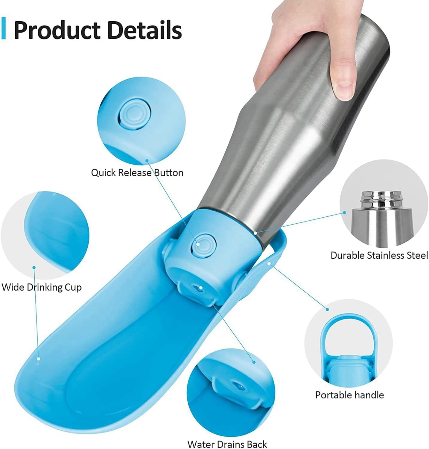 Portable Dog Water Bottle with Dispenser, 750ml Stainless Steel Travel Cup and Collapsible Water Bowl for Outdoor Activities, Walking,Hiking, Road Trips (Light Blue) - Image 4