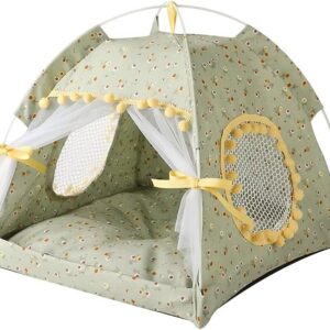 Cat Bed Tents Dog House Indoor Outdoor Lace Mesh Breathable Windows Door Curtains Removable Portable Nest Teepe House (Small,Green&Yellow)