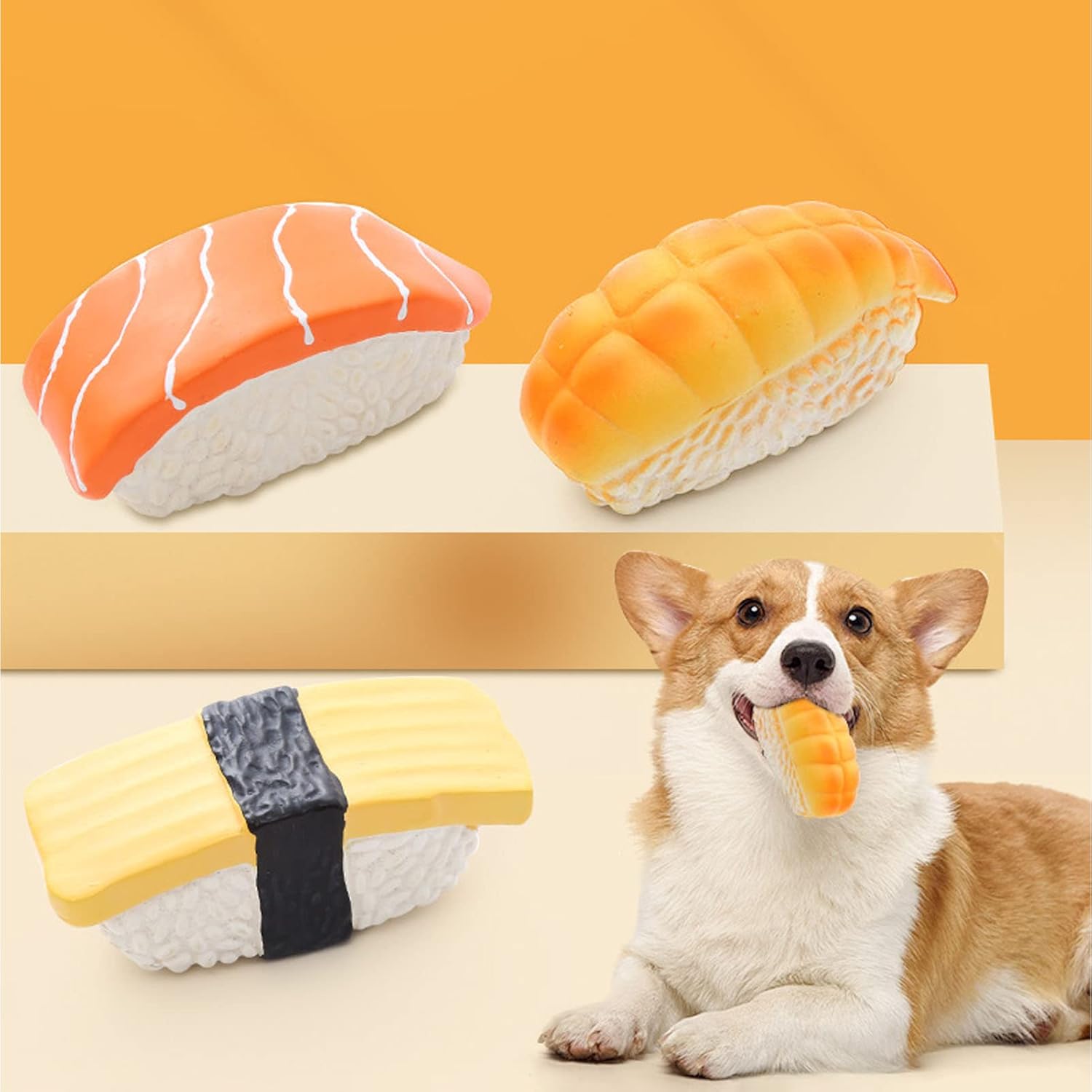 JTLB 3Pack Sushi Shaped Dog Toy, Soft Latex Squeaky Toy for Small to Medium Dogs, Innovative Food Themed Canine Play Toys, Sushi Dog Toy Set - Image 8