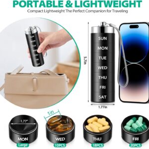 Metal Travel Pill Organizer, Large Weekly Pill Box, Portable Aluminum Alloy Waterproof Container, 7 Day Daily Medicine Organizer Holder for Vitamin, Fish Oil, Supplement, Black