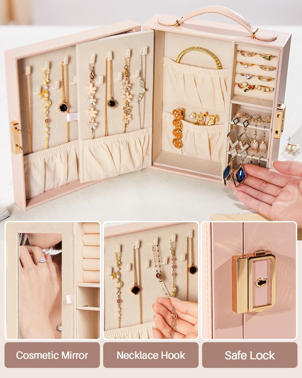 Travel Jewelry Case, Essentials for vacation, Portable Bangle Box with Mirror, PU Leather Small Watch Organizer for Rings, Earrings, Necklaces, Bracelets (Light Pink) - Image 5