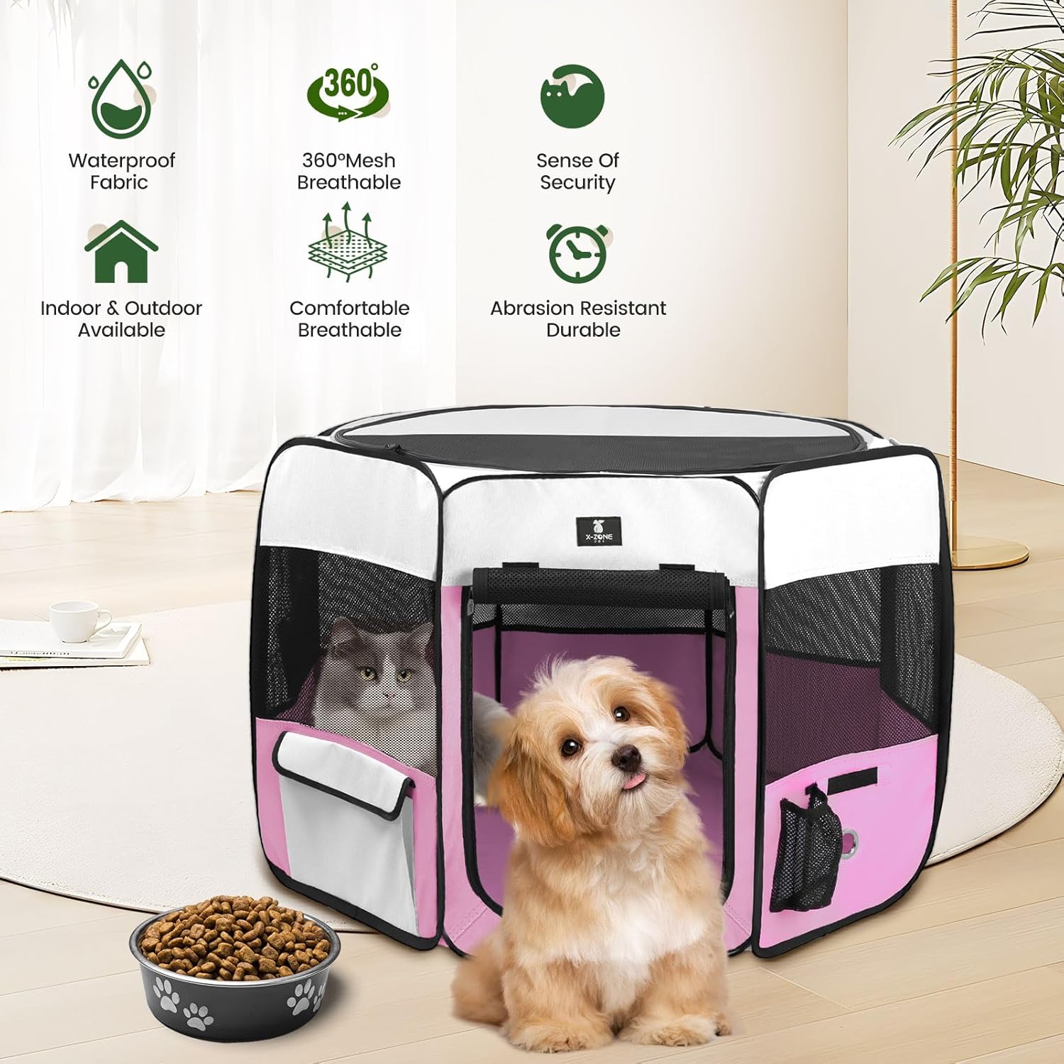 X-ZONE PET Dog Playpen Portable Pet Play Pens for Puppies, Cat, Rabbit, Chicks, Foldable Exercise Play Tent Kennel Crate, Indoor/Outdoor Travel Camping Pink Medium - Image 2